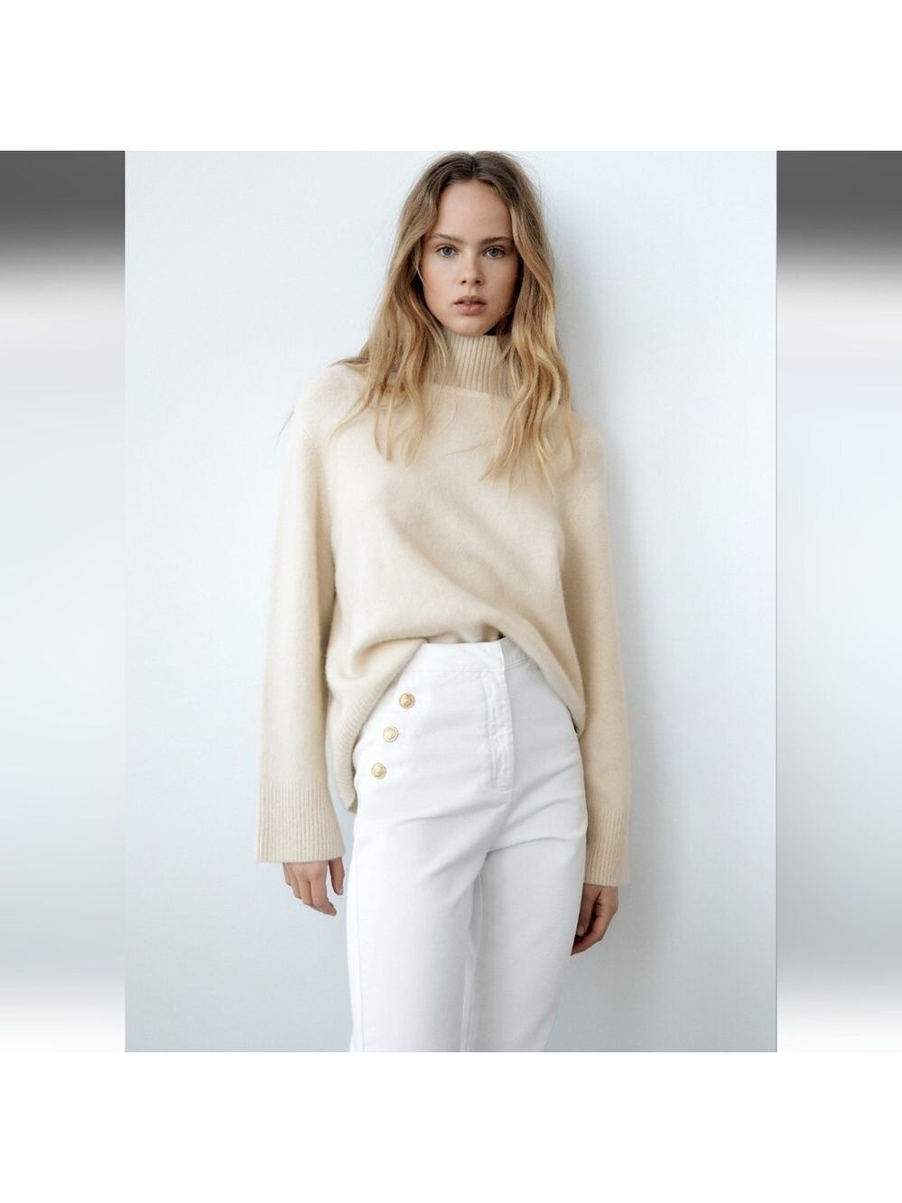 NWT Zara Gold Button Straight Leg White Jeans - Picture 5 of 11